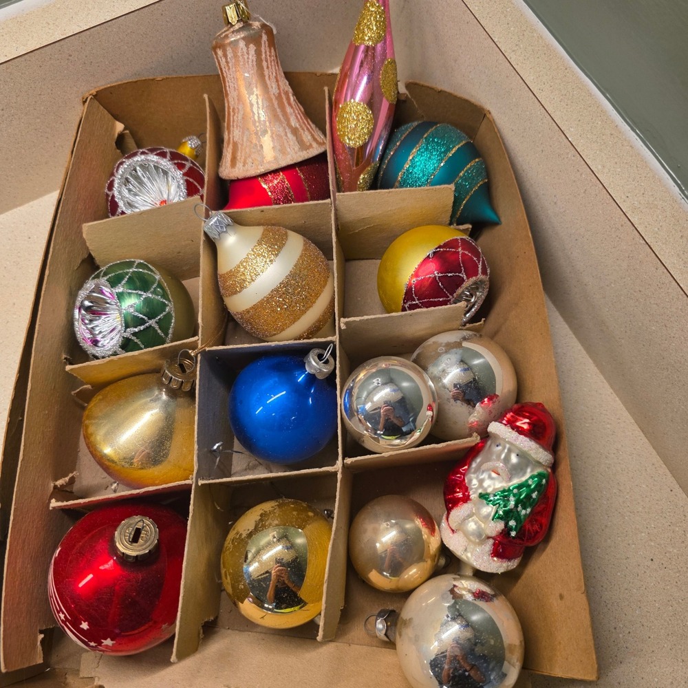 Vintage Glass Christmas Ornaments Lot 17pc Multicolor Mixed Shapes Indents Santa